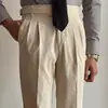 Calça de Terno Masculina Casual de Cintura Alta para Primavera e Outono, Calça Versátil Reta com Botão Paris para Negócios, Calça Social Elegante da Moda com Caimento e Sem Amassar