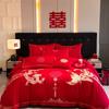 Roupa de Cama Simples Casamento Escovado Conjunto de Quatro Peças Casamento Vermelho Brilhante Roupa de Cama de Dote Conjunto Bordado de Luxo Leve Fabricante Atacado