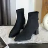 Botas femininas da moda com sola grossa, novo estilo outono 2026, salto grosso, bico fino, botinhas com forro de pelúcia, estilo coreano, tornozeleiras de salto alto, corte justo
