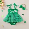 2026 Nuevo Estilo Bebé Niña Verde Suerte Trébol de Cuatro Hojas Tirantes Gasa Vestido Mono Lindo y Dulce