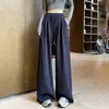 Fotos reales de la colección de otoño 2026: nuevos pantalones deportivos grises de pierna ancha para mujer, con cintura alta, corte recto y fluido, ajuste holgado y estilo casual americano