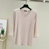 Camiseta Modal estilo coreano de manga três quartos para mulheres, peça para usar por baixo no outono, gola V que afina, top liso soltinho e versátil