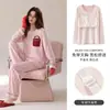 Pijama de algodón para mujer con copas en el pecho, mangas largas y pantalones, estilo primavera y otoño, cuello redondo, dulce y lindo, se puede usar para salir