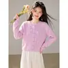 Cárdigan suéter suave de ganchillo tridimensional rosa pálido para mujer, chaqueta de punto casual holgada nueva de otoño 2026
