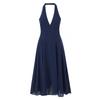 Vestido de Fiesta Nuevo Estilo 2025 Francés Halter Cuello en V Sexy Espalda Descubierta de Longitud Media Estilo Puro Deseo, Vestido de Chifón Azul Marino