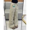 Jeans Cargo Feminino Americano Retrô de Cintura Alta, Design Emagrecedor, Calças Largas até o Chão