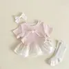 Camiseta de Manga Corta de Verano para Niñas Bebé Niños Estilo Coreano Encaje Lazo Patchwork Volante Niñas Elegante Manga Corta T