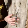 Collar Trenzado de Cuerda con Perlas de Piedra Natural para Mujer, Cadena para Clavícula de Piedra Ojo de Tigre Estilo Chino Nuevo Vintage, Accesorio Largo Colgante para el Cuello con Manchas