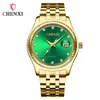 Reloj de Pareja Calendario de Negocios Dawn con Correa de Acero y Diamantes en Oro Verde, Transmisión en Vivo Transfronteriza, Venta al por Mayor de Fabricante, Relojes de Pareja para Hombre y Mujer