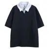 Camisa Polo de Manga Corta Patchwork Falsa de Dos Piezas Cleanfit para Hombres y Mujeres, Marca de Moda, Corte Holgado, Camisa Base Casual Estilo Old Money para Parejas