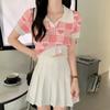 Suéter de manga corta con estampado de cuadros Pure Desire para mujer, cuello polo fino de verano, corte entallado, camiseta básica corta.