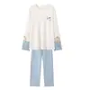 Pijama de Algodón Puro con Dibujo de Oso para Hombre, Manga Larga y Pantalón, Cuello Redondo Pullover, Conjunto de Ropa de Casa para Pareja, Se Puede Usar Afuera
