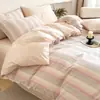 Nuevo juego sencillo de cuatro piezas 100% algodón, sábana y funda nórdica de algodón lavado teñido en hilo, venta al por mayor de ropa de cama, a rayas, envío directo de una pieza