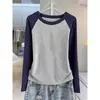Camiseta feminina de algodão puro com gola redonda e mangas compridas, novo estilo outono 2026, corte slim, que valoriza a silhueta, camada interna, top com manga raglan
