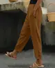 Calça Feminina Nova de Cruzamento Europeu e Americano para Primavera e Outono Algodão e Linho Cor Sólida Moda Casual Diária Bolso Lateral Botão Cintura Elástica Calça Casual Feminina