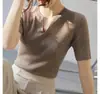 Suéter de lana peinada con cuello en V, color liso, para mujer, fino, de media manga, ajustado, para uso diario, primavera/verano, de punto, de manga corta.