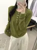 26 Otoño Nuevo Estilo Top Estilo Coreano Cuello Henley Medio Botón Tejido Hueco Transpirable Manga Larga Suave Agradable a la Piel Camiseta Base para Mujer