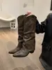 Botas Longas Ocidentais de Cowboy com Salto Grosso e Bico Fino Chuyuji para Mulheres, Nova Coleção Primavera e Outono 2025 Marrom Vintage