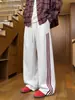 Calça de moletom casual patchwork listrada estilo americano para homens, corte clean, calça esportiva de perna reta solta, calça de perna larga color-block para o outono