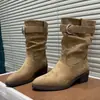 Botines estilo vaquero occidental para mujer, con acabado de gamuza, tacón grueso, altura hasta la mitad de la pantorrilla, diseño de hebilla de cinturón retro y efecto adelgazante, en una hermosa paleta de colores
