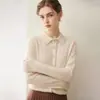 Cardigã de malha 100% cashmere com gola polo, outono e inverno, suéter feminino de manga longa, camisa de malha com gola virada, top