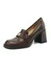 Versión de cuero~Zapatos de mujer con tacón alto de camelia, mocasines de tacón grueso de cuero genuino estilo británico de 2 pulgadas, planos sin cordones de suela gruesa
