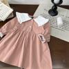 Vestido de Encaje para Niña 2025 Nuevo Llegada Otoño, Bloques de Color con Cuello Grande, Dobladillo Amplio Dulce, Estilo Coreano Vestido de Princesa