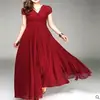 Aliexpress Amazon Europeu e Americano Decote V Manga Curta Boêmio Chiffon Cintura Marcada Emagrecedor Cobertura da Barriga Vestido Longo