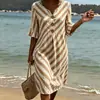 2026 Nuevo Vestido Largo Rayado de Cuello en V con Volantes y Botones Transfronterizo Moda Casual para el Trabajo Falda Larga Estilo Verano para Mujeres