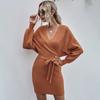 Nuevo Suéter Suelto de Longitud Media de Comercio Exterior Otoño e Invierno Amazon Aliexpress Vestido de Punto con Manga Murciélago en V