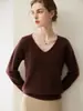 Suéter tejido de cachemira 100% pura premium sin costuras para mujer, jersey de cuello en V, corte holgado, manga larga, capa base