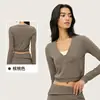 Chaqueta corta de yoga con cuello en V transfronteriza para mujer con cremallera, top deportivo ajustado, ropa de fitness Pilates, manga larga