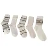 Nuevos Calcetines Fair Isle Color Crema, Calcetines de Media Pantorrilla para Otoño e Invierno, con Moño, Modernos y Cálidos, Calcetines Slouch de Longitud Media