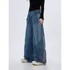 Jeans retro americanos de rayas lavados con dobladillo curvo para mujer, modernos y versátiles, nuevos pantalones holgados de pierna recta acampanados de pierna ancha