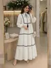 M397 # Vestido feminino transfronteiriço da Amazon com retalhos de fita, saia em camadas, mangas 9/10, gola alta, vestido midi turco