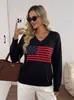 Suéter de Tricô Gola V Estilo Europeu Feminino Padrão Bandeira Dia da Independência Americana Manga Longa Pulôver Outono Inverno Nova Chegada