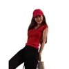 Camiseta roja estilo coreano con cuello polo de manga corta para mujer, suéter fino de verano ajustado de cintura alta con cuello en V corto para mujeres petite