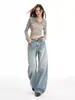 Calça jeans feminina retro americana com lavagem pesada e barra curva, nova moda cintura alta emagrecedora solta de perna larga