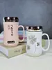 Taza de Cerámica con Tapa Cuchara Taza de Agua de Dibujos Animados Taza para el Hogar Taza de Pareja Hombre y Mujer Taza para Té de Oficina Regalo para Niña