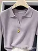 Camiseta Lilás Lyocell Tencel 26 Verão Nova Gola Polo Ombro Reto Manga Curta Corte Justo Suéter de Malha Fina
