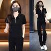 Traje Elegante e Moderno Feminino de Verão Estilo Coreano Gola Polo Slim Fit Emagrecedor Manga Curta Calça Wide Leg Conjunto Casual de Duas Peças
