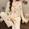 Pijama de Luxo Leve Feminino Primavera Tecido Amassado Manga Longa Calça Fina Doce Bolinhas Conjunto Roupa de Fora Roupas de Casa Atacado