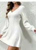 Vestido de punto trenzado con cuello en V de moda transfronterizo europeo y americano para mujer, suéter vestido de manga larga ajustado para otoño e invierno, color liso corto