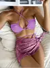 Novo Biquíni de Moda Estrangeira Transfronteiriça para Mulheres, Conjunto de Três Peças, Sexy Push-Up, Costas Nuas, Amarração Fashion, Roupa de Banho de Duas Peças