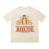 High Street Europeo y Americano Marca de Moda RHUDE Atardecer Cara Redonda de Corazón Impresión de Letras Nuevas Oversize Holgada Camiseta de Manga Corta