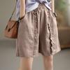 Shorts Casuais de Linho de Algodão Retrô Artístico com Detalhe de Orelha de Madeira para Roupas Externas Femininas, Calças de Perna Larga Finas e Soltas, Cintura Alta Emagrecedoras