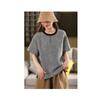 Camisa de cáñamo de manga media de verano con cuello redondo y estampado de cáñamo teñido en hilo vintage para mujer