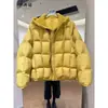 Jaqueta acolchoada de plumas com capuz para mulheres, estilo coreano design 2026, falsa peça dupla, solta, quente, casaco espesso