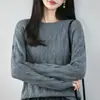 Suéter de tricô feminino outonal 100% algodão puro com decote redondo vazado, pulôver solto de manga longa, blusa fina e macia