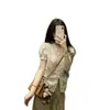 Blusa de mujer estilo francés, suave, floral, con volantes, escote en V y mangas abullonadas, nuevo diseño de verano, top elegante y estiloso de manga corta
